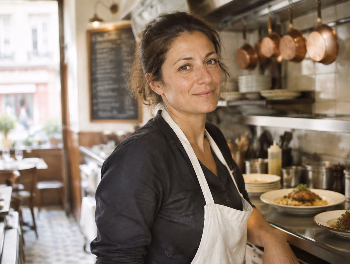 Une restauratrice au passe de sa cuisine, à Lyon